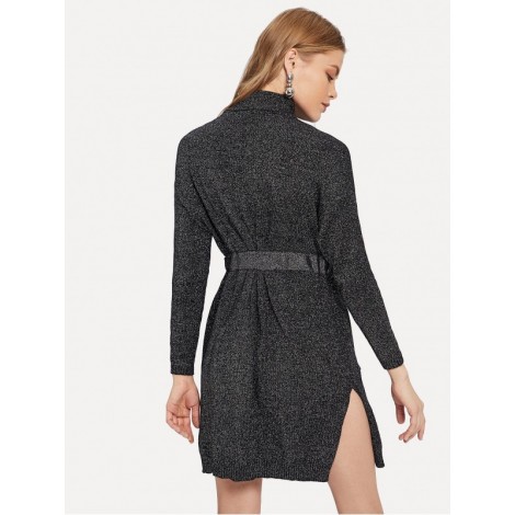 Knot Front Split Side Heathered Knit Sweater Dress