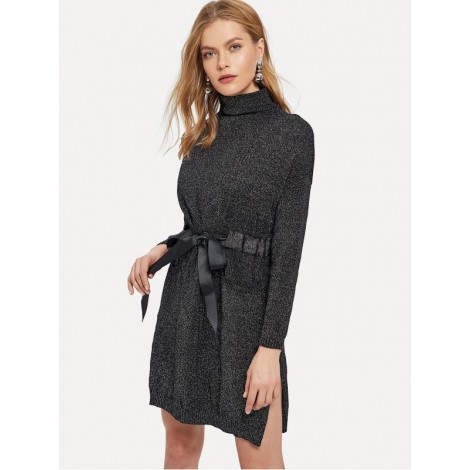 Knot Front Split Side Heathered Knit Sweater Dress