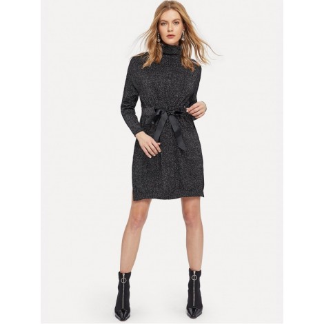 Knot Front Split Side Heathered Knit Sweater Dress