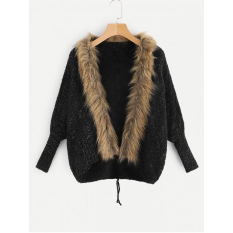 Drop Shoulder Contrast Faux Fur Knit Coat