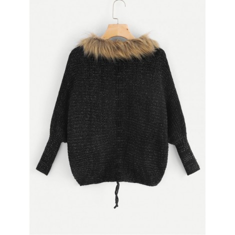 Drop Shoulder Contrast Faux Fur Knit Coat