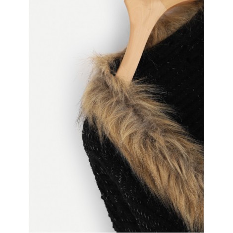 Drop Shoulder Contrast Faux Fur Knit Coat