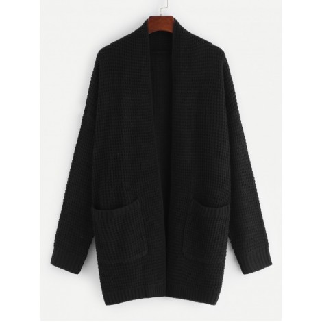 Pocket Patched Open Front Waffle Knit Cardigan