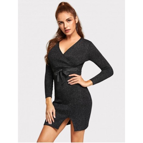 Tie Waist Surplice Wrap Sweater Dress