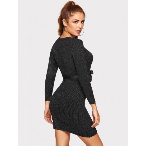 Tie Waist Surplice Wrap Sweater Dress