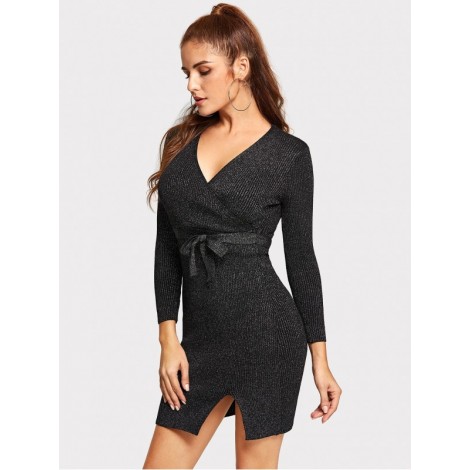 Tie Waist Surplice Wrap Sweater Dress