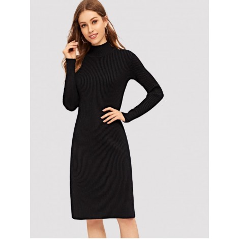 Slit Side Solid Fitted Knit Dress