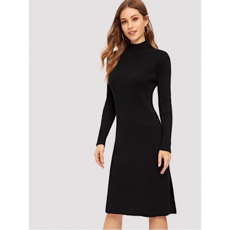 Slit Side Solid Fitted Knit Dress