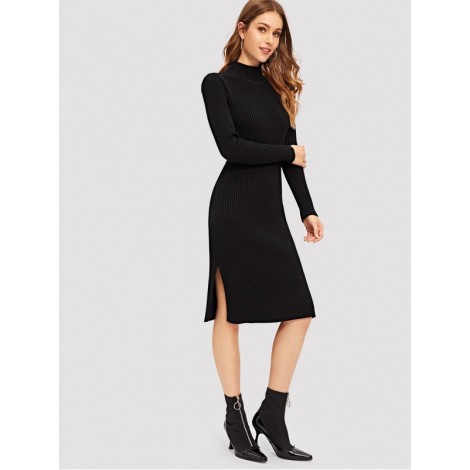 Slit Side Solid Fitted Knit Dress