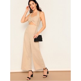 Twist Cutout Front Wide Leg Halter Jumpsuit