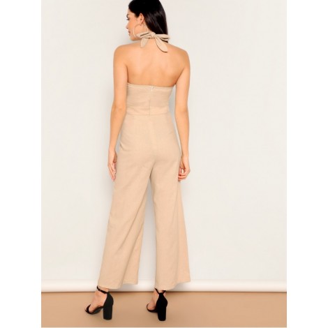 Twist Cutout Front Wide Leg Halter Jumpsuit