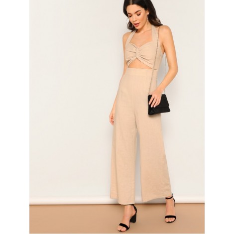 Twist Cutout Front Wide Leg Halter Jumpsuit