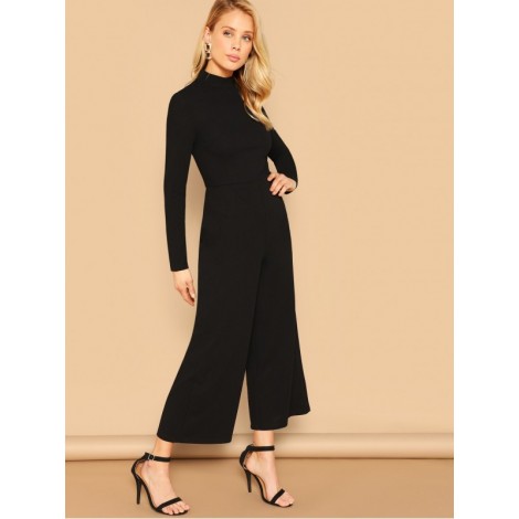 Mock-neck Solid Palazzo Leg Jumpsuit