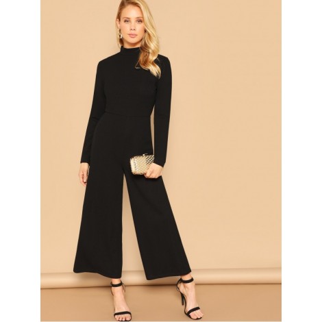 Mock-neck Solid Palazzo Leg Jumpsuit