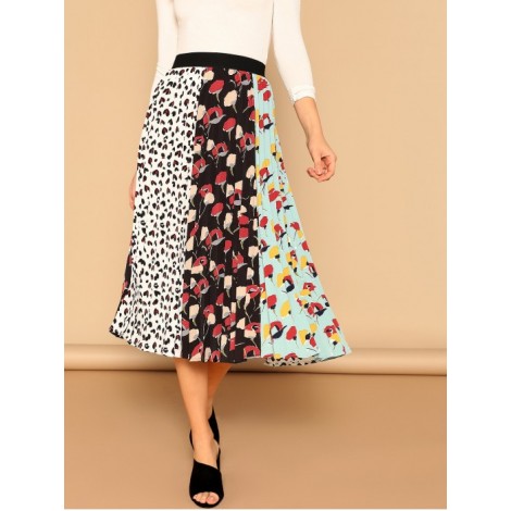 Leopard and Floral Print Pleated Skirt