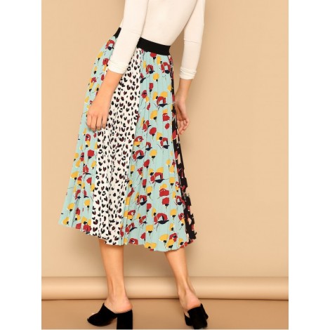 Leopard and Floral Print Pleated Skirt