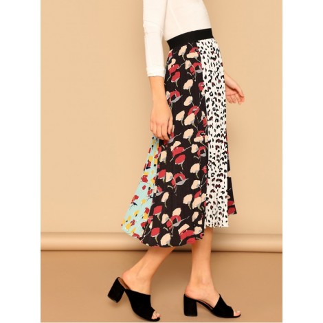 Leopard and Floral Print Pleated Skirt