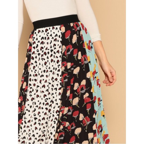 Leopard and Floral Print Pleated Skirt