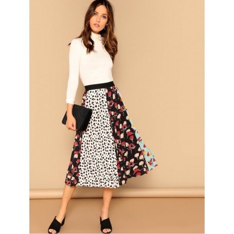 Leopard and Floral Print Pleated Skirt